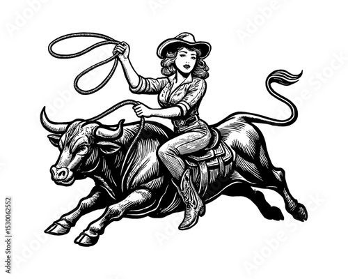 Cowgirl Riding Bull with Lasso in Engraving Style Black and White Illustration, Pinup Woman