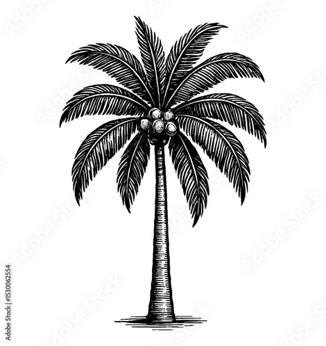 Palm tree illustration in black and white engraving style on white background