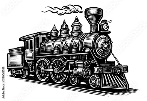 Detailed Black and White Engraving of a Vintage Steam Train on the Railroad