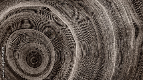 Warm gray cut wood texture. Detailed black and white texture of a felled tree trunk or stump. Rough organic tree rings with close up of end grain.