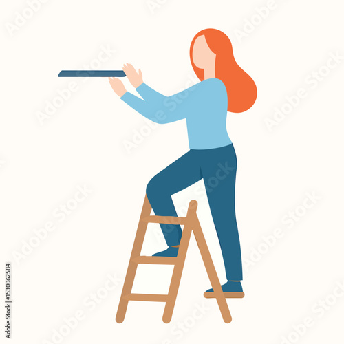 Flat Design Female Character Assembling Furniture on Wooden Ladder Illustration