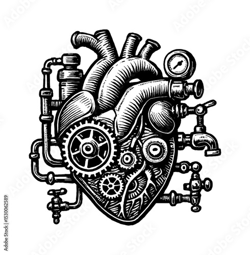 Mechanical Heart with Gears, Pipes, and Gauges Detailed Black and White Engraving