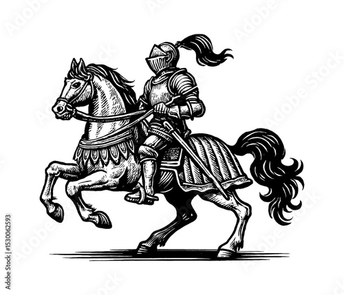 Engraving illustration of a knight riding a horse in black and white armor holding sword