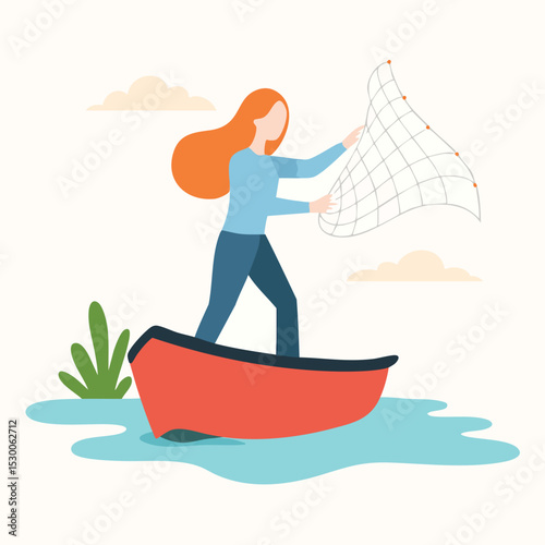 Flat Illustration of Woman with Net on Boat Fishing Adventure