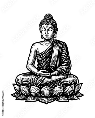 Buddha Statue Sitting in Meditation on Lotus Flower Black and White Engraving