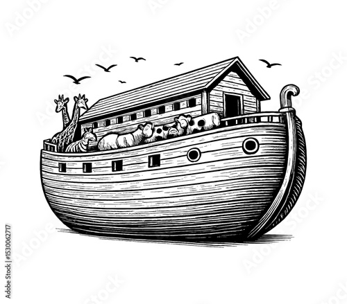 Noah's Ark illustration with various animals in black and white sketch style