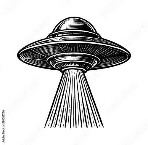 UFO Flying Saucer Engraved Illustration in Black and White Detailed Line Art Drawing