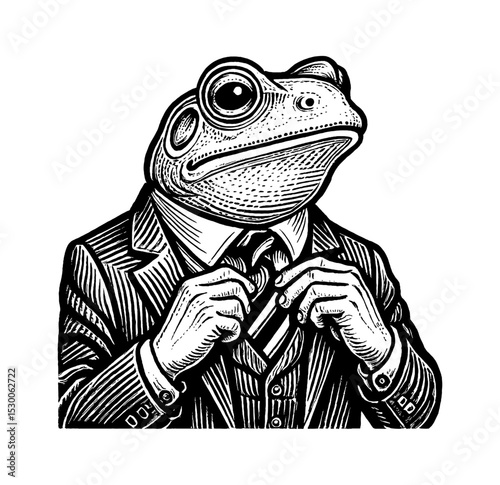 Anthropomorphic Frog Adjusting Tie in Suit with Engraved Style Illustration