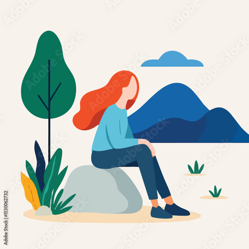 Flat Style Beautiful Woman Sitting on Rock in Nature Illustration
