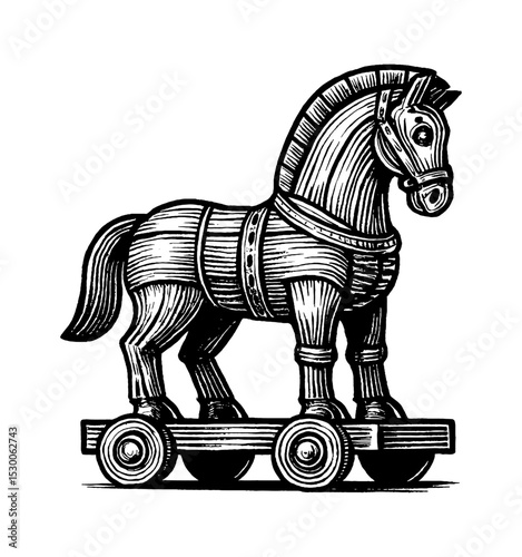 Engraved Illustration of a Trojan Horse on Wheels in Black and White