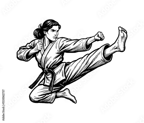 Asian woman in karate stance doing martial arts with serious expression in black and white outline drawing