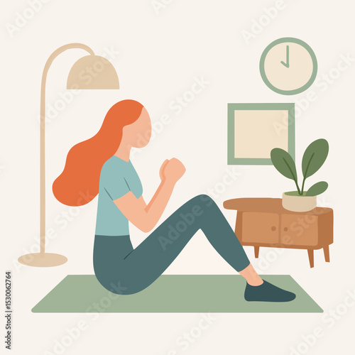 Minimalist Style Woman Doing Sit Up Exercise in Living Room Illustration