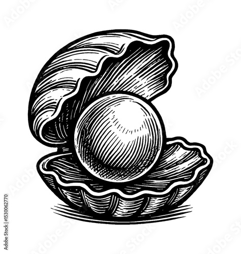 Engraved Illustration of a Pearl in a Shell with Detailed Hatching and Line Work