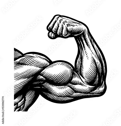 Illustration of Muscular Arm Flexing with Detailed Engraved Lines on White Background