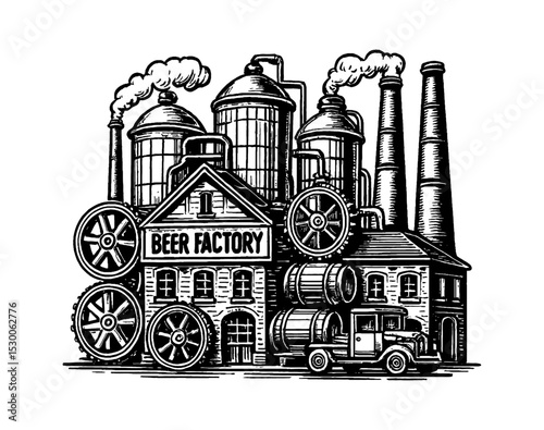 Detailed Black and White Illustration of a Beer Factory with Truck and Smoke