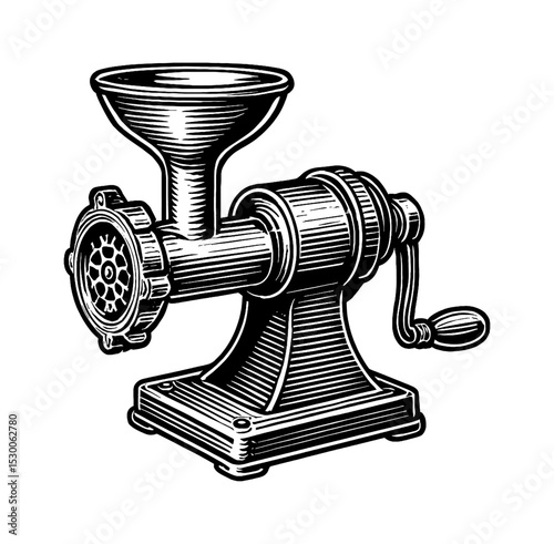 Black and White Illustration of a Vintage Meat Grinder with Detailed Engraving