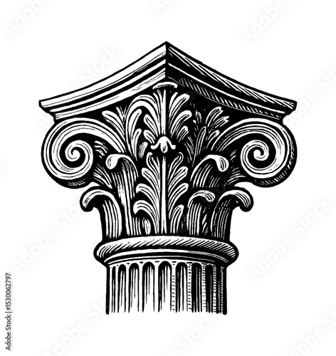 Detailed Engraving of a Classical Column Capital with Floral Ornamentation in Black and White