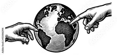Engraving Illustration of Two Hands Touching Globe as a Metaphor of Human Connection