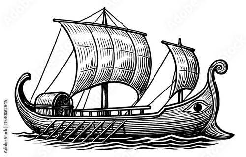 Illustration of an Ancient Ship Sailing with Ornate Details in Black and White Engraving Style