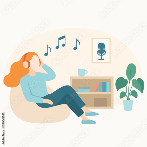 Colorful Flat Illustration of Relaxing Woman Listening to Music at Home