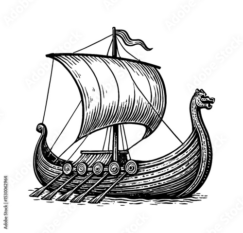 Engraved Viking Ship with Sail and Oars on White Background Illustration