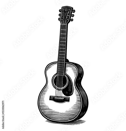Acoustic Guitar Detailed Vintage Engraving Style Standing Upright Isolated on White Background