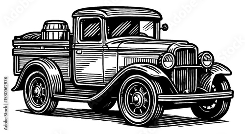 Vintage Truck with Barrel Isolated on White Background Engrave Style Illustration