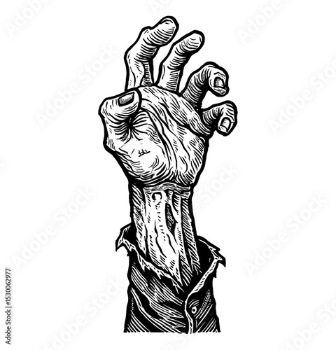 Engraved Illustration of a Zombie Hand Reaching Out with Torn Sleeve in Black and White