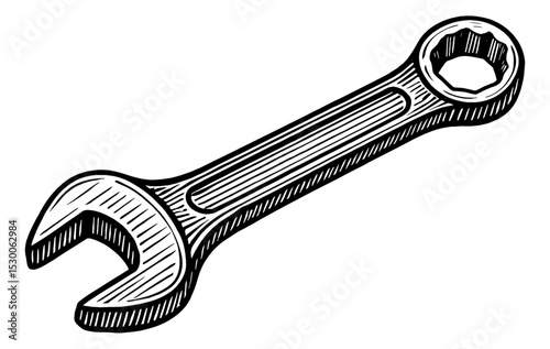 Detailed Black and White Engraved Illustration of a Wrench Tool