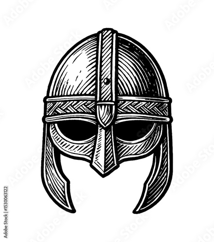 Engraved Illustration of a Viking Helmet in Black and White Detailed Line Art Drawing
