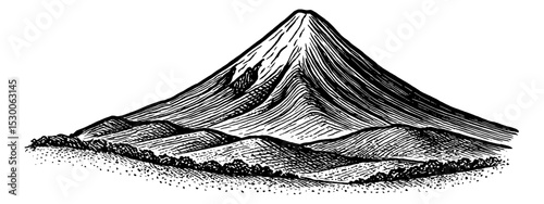 Engraved illustration of a mountain peak surrounded by hills and trees in black and white
