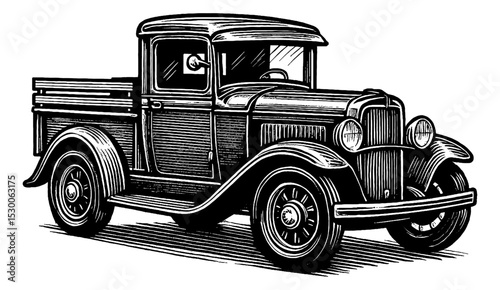 Vintage Pickup Truck Illustration in Detailed Black and White Engraved Style Line Art Drawing