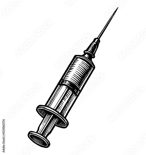 Detailed Engraving of a Hypodermic Syringe on White Background