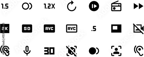 Black video player icons with numbers and letters, 20 simple elegant vector symbols on white background for emoticons or design elements.