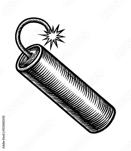 Engraved Dynamite Stick Ready to Explode, Black and White Detailed Illustration