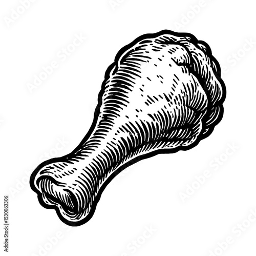 Detailed Engraving of a Crispy Fried Chicken Leg Isolated on White Background