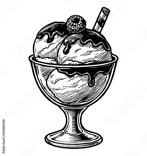 Ice Cream Dessert with Chocolate Syrup and Raspberry in Glass Bowl Engraving