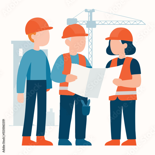 Flat Design Three Construction Worker Team Discussing Plan Illustration