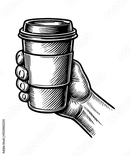 Hand Holding a Disposable Coffee Cup Engraving Style Black and White Illustration
