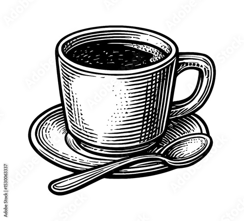 Engraved Mug with Spoon and Saucer Still Life in Black and White Detailed Line Art Drawing