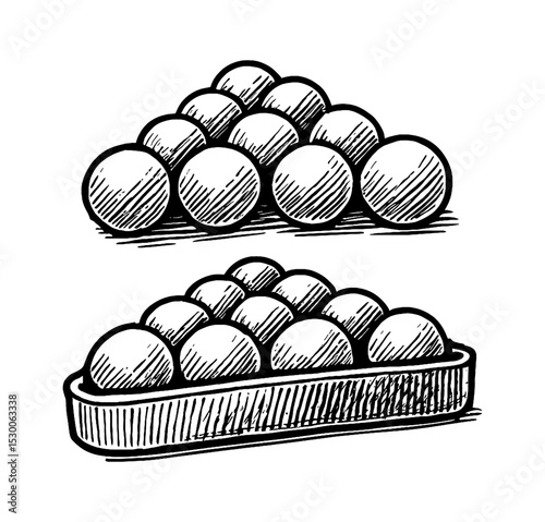 Billiard Balls in Rack and Triangle Shape Hand Drawn Engraving Style Black and White Illustration