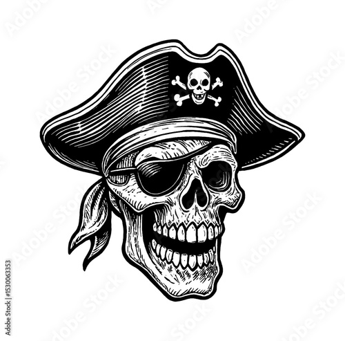Skull Pirate with Hat and Eyepatch in Black and White Detailed Engrave Illustration
