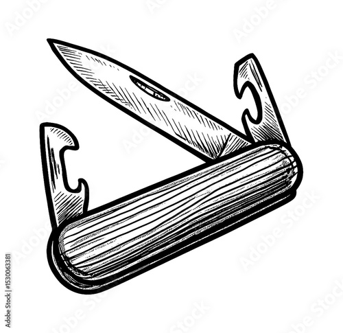Engraved illustration of a pocket knife with blade and tools partially extended