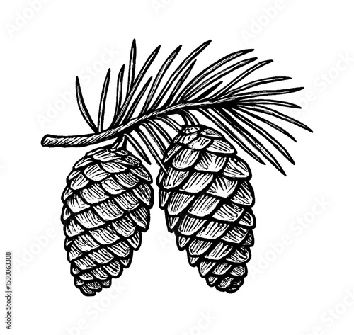 Detailed Engraving of Pine Cones and Needles in Black and White