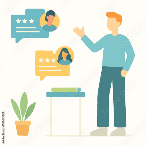 Flat Illustration Man Presentation with Customer Feedback and Review