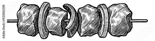 Detailed Skewer with Meat and Onions in a Black and White Etching Style