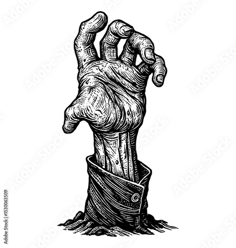 Zombie Hand Rising from Ground in Engraving Style, Halloween Theme Isolated on White