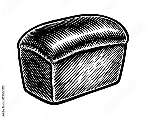 Engraved illustration of a loaf of bread with black and white diagonal lines on white background