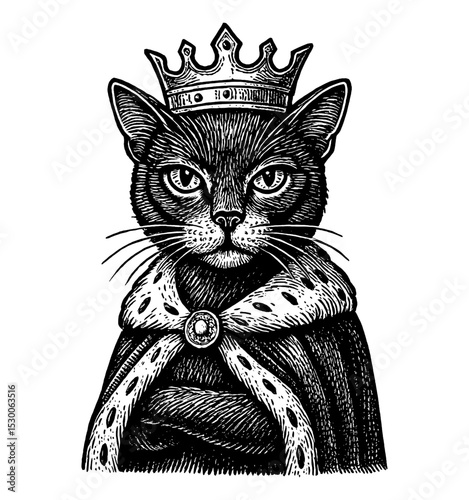 Black Cat Wearing Crown and Royal Cape with Serious Expression Detailed Engraved Art
