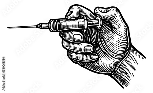 Engraved Hand Holding Syringe with Needle Ready for Injection Close Up